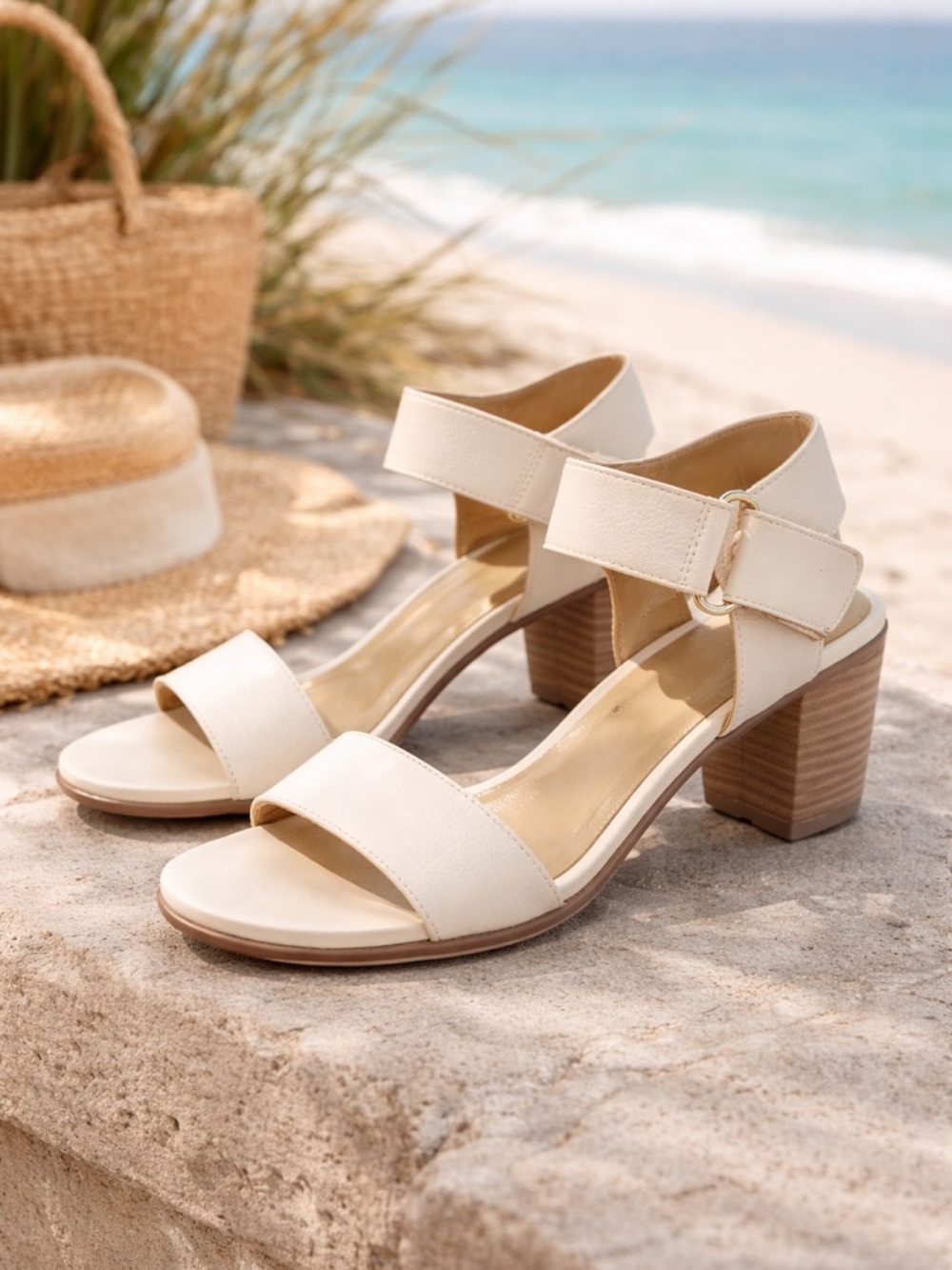 Stuart Weitzman Ivory Leather Block Heel Sandals – Size 9M